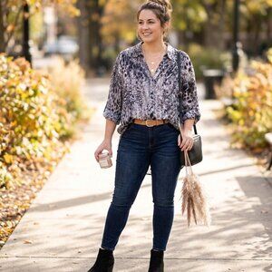 NWT Gloria Vanderbilt Grey Black Leopard Print Tunic Blouse Top Size XL